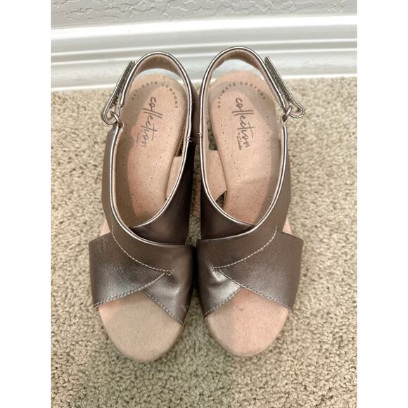 CLARK’S | Lafley Alaine Pewter Gray Leather Espadrille Wedge Sandals | Women’s 6 - Picture 4 of 8